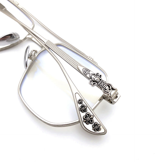 Chrome Hearts-Style Gothic Metal Aviator Glasses 54mm Double Bridge Square Frame with Fleur-de-Lis & Dagger Details CH8034