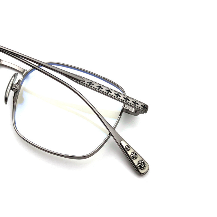 Gothic Titanium Square Glasses with Cross-Engraved Temples & Vintage Details – CH8018