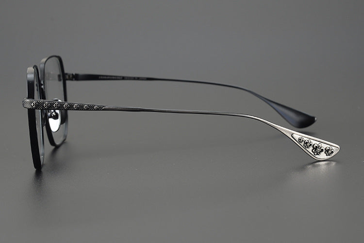 Gothic Punk Oversized Polygon Titanium Eyeglass Frame | Cross-Engraved Chrome-Hearts Style – Ultra-Light Unisex Retro Glasses