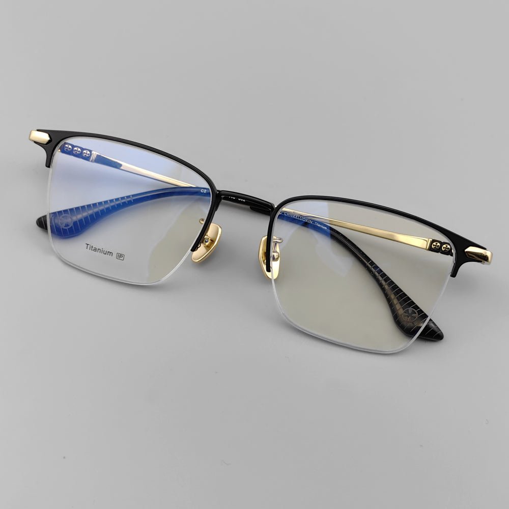 Browline Half Rim Glasses EO-502 Thin Black and Gold Titanium