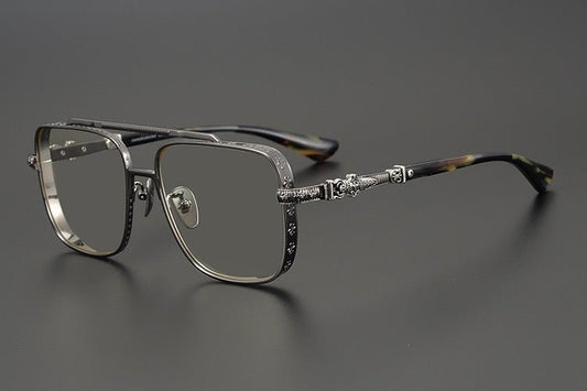 Chrome Hearts-Style Titanium Aviator Glasses 55mm Double Bridge Square Eyeglasses Vintage Full Rim Optical Frame with Fleur-de-Lis Engraving & Dagger Temples CH5401 - HP eyeglasses