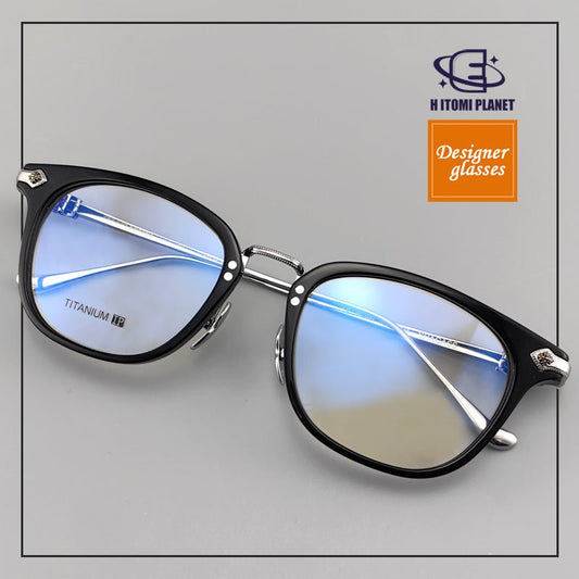Designer Acetate Full Rim Glasses – Jet - Black Frame & Pure Titanium Temples - HP eyeglasses