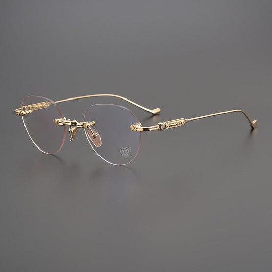 Gothic Punk Rimless Round Titanium Eyeglasses | Cross - Engraved Design Eyeglasses - HP eyeglasses