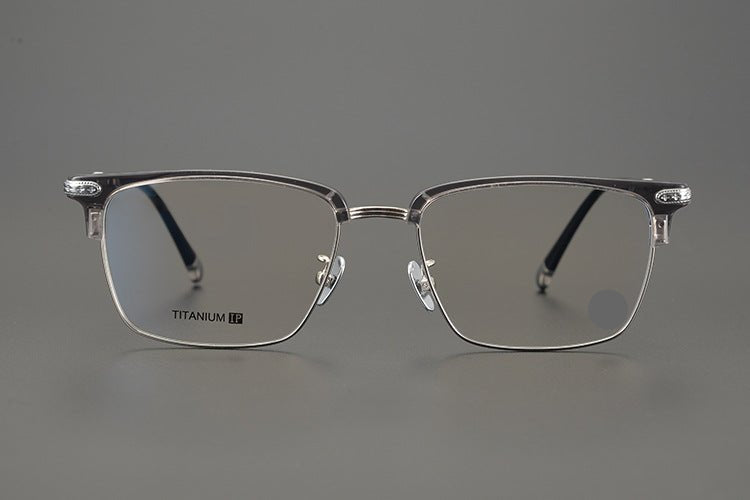 Minimalist Japanese Browline Eyeglasses – High Quality Pure Titanium & Acetate Semi - Rimless Frame with Cross Engraving | Business Style Lightweight Glasses for Men & Women - HP eyeglasses