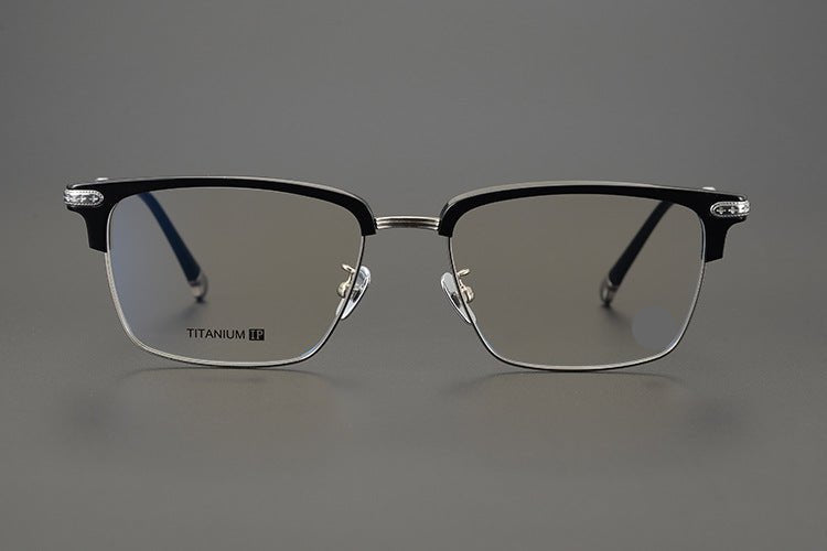 Minimalist Japanese Browline Eyeglasses – High Quality Pure Titanium & Acetate Semi - Rimless Frame with Cross Engraving | Business Style Lightweight Glasses for Men & Women - HP eyeglasses