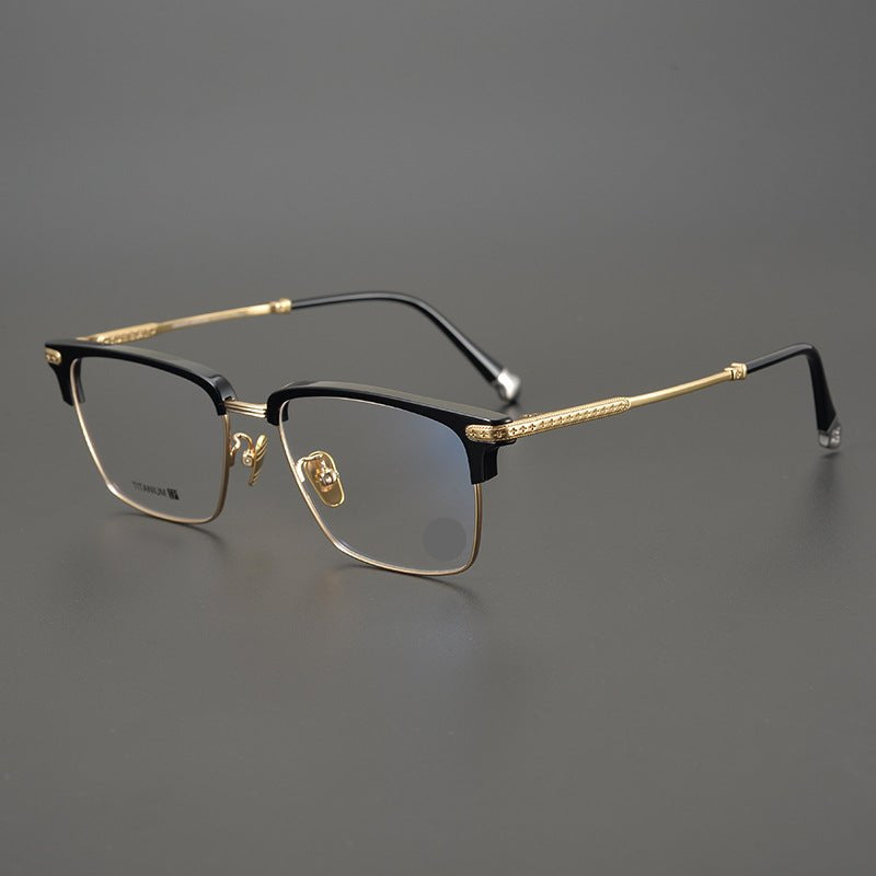 Minimalist Japanese Browline Eyeglasses – High Quality Pure Titanium & Acetate Semi - Rimless Frame with Cross Engraving | Business Style Lightweight Glasses for Men & Women - HP eyeglasses