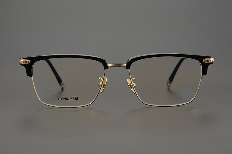 Minimalist Japanese Browline Eyeglasses – High Quality Pure Titanium & Acetate Semi - Rimless Frame with Cross Engraving | Business Style Lightweight Glasses for Men & Women - HP eyeglasses