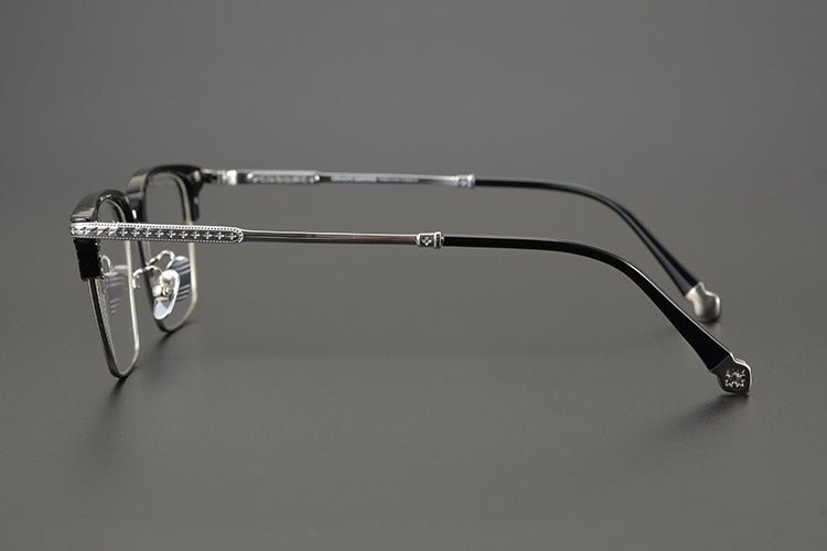 Minimalist Japanese Browline Eyeglasses – High Quality Pure Titanium & Acetate Semi - Rimless Frame with Cross Engraving | Business Style Lightweight Glasses for Men & Women - HP eyeglasses