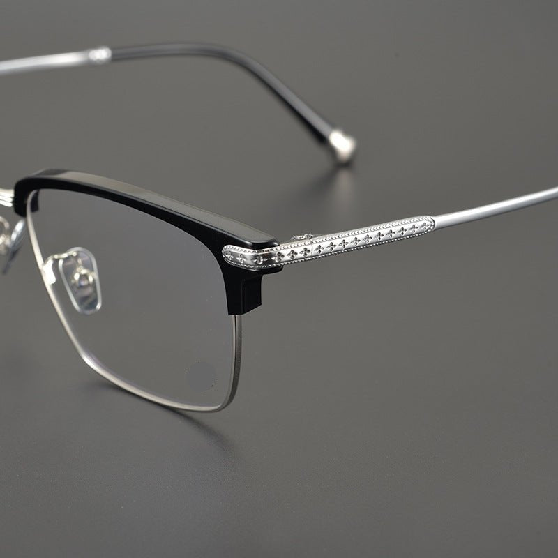 Minimalist Japanese Browline Eyeglasses – High Quality Pure Titanium & Acetate Semi - Rimless Frame with Cross Engraving | Business Style Lightweight Glasses for Men & Women - HP eyeglasses