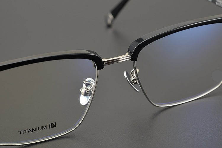 Minimalist Japanese Browline Eyeglasses – High Quality Pure Titanium & Acetate Semi - Rimless Frame with Cross Engraving | Business Style Lightweight Glasses for Men & Women - HP eyeglasses