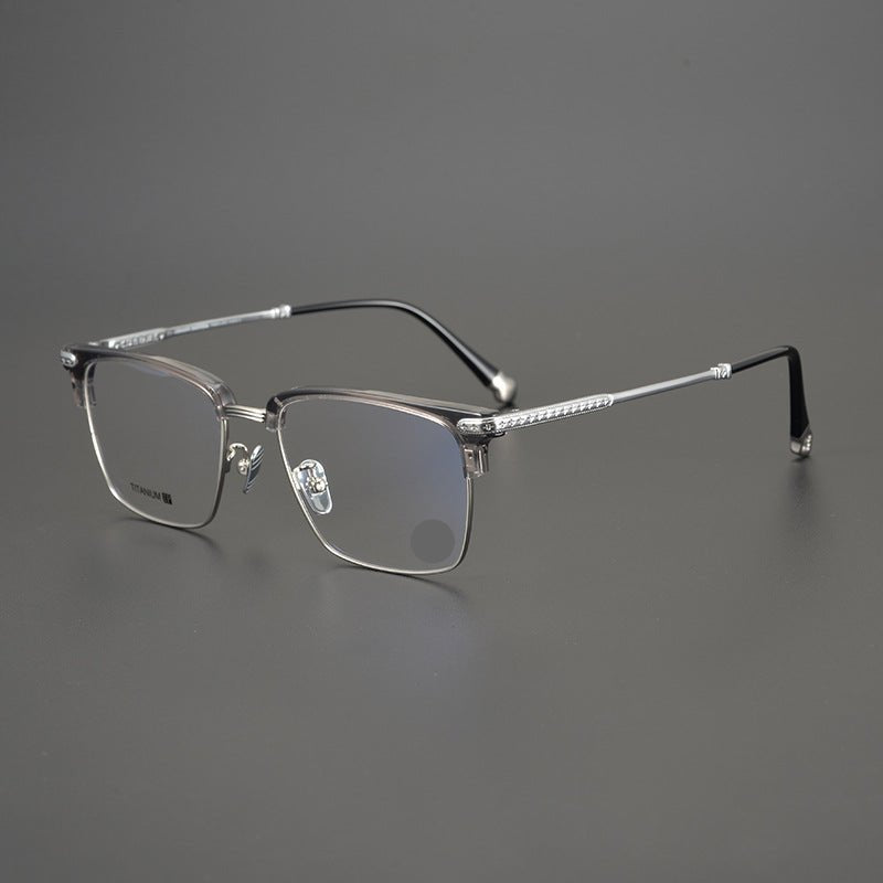 Minimalist Japanese Browline Eyeglasses – High Quality Pure Titanium & Acetate Semi - Rimless Frame with Cross Engraving | Business Style Lightweight Glasses for Men & Women - HP eyeglasses