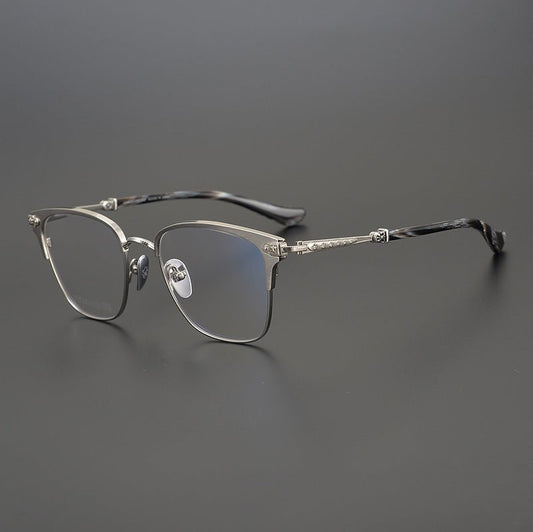 Premium Titanium Browline Eyeglasses – Gothic Cross Design | Chrome - Hearts Style Frame for Men & Women – PLONKEP - HP eyeglasses