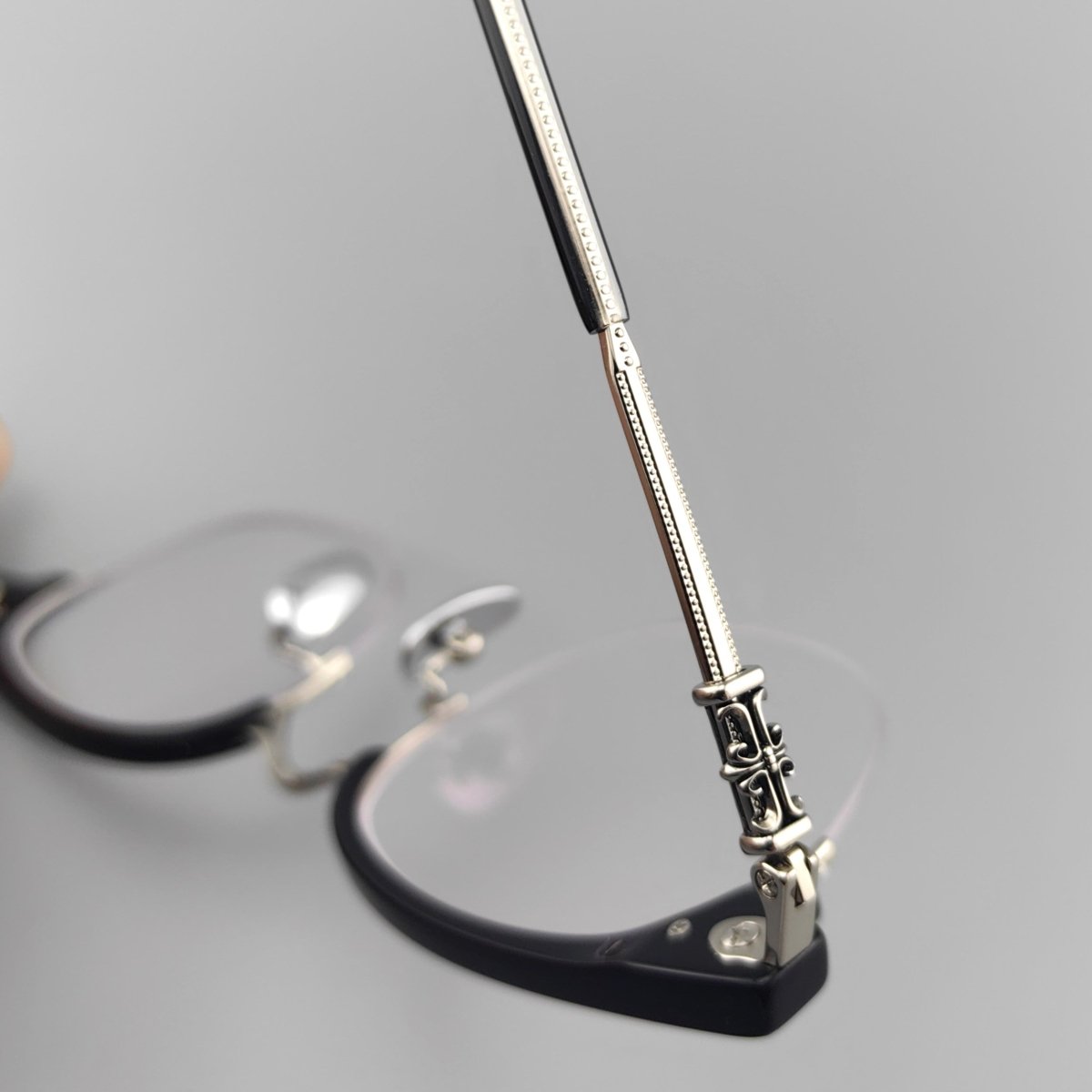 TANG Chrome Hearts Style Browline Glasses Men – Vintage Semi - Rimless Titanium Eyeglass Frame, Gothic Cross Design Optical Glasses for Men & Women - HP eyeglasses
