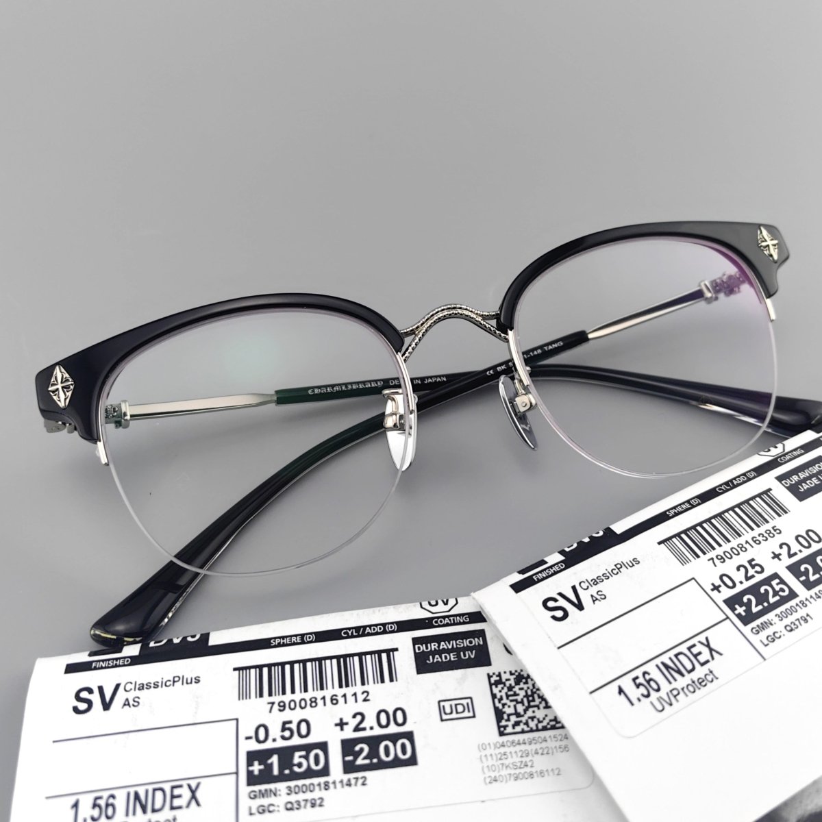 TANG 手工打造Chrome Hearts 风格眉框眼镜- 半框钛金属镜架，饰有 