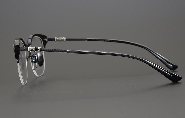 TANG Chrome Hearts Style Browline Glasses Men – Vintage Semi - Rimless Titanium Eyeglass Frame, Gothic Cross Design Optical Glasses for Men & Women - HP eyeglasses