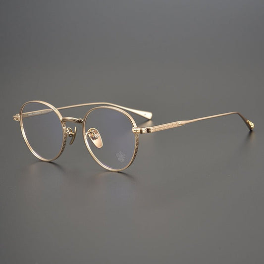 Vintage Chrome - Hearts Inspired Gothic Round Titanium Eyeglasses – Laser - Engraved Cross Design | Lightweight Frame for Men & Women - HP eyeglasses