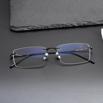 Slim Rectangle Rimless Glasses | Ultra-Light Pure Titanium Gold Prescription Frame for Men & Women 52023