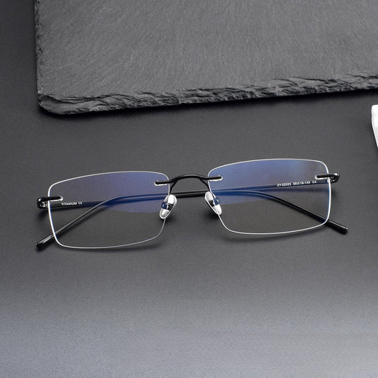 Slim Rectangle Rimless Glasses | Ultra-Light Pure Titanium Gold Prescription Frame for Men & Women 52023