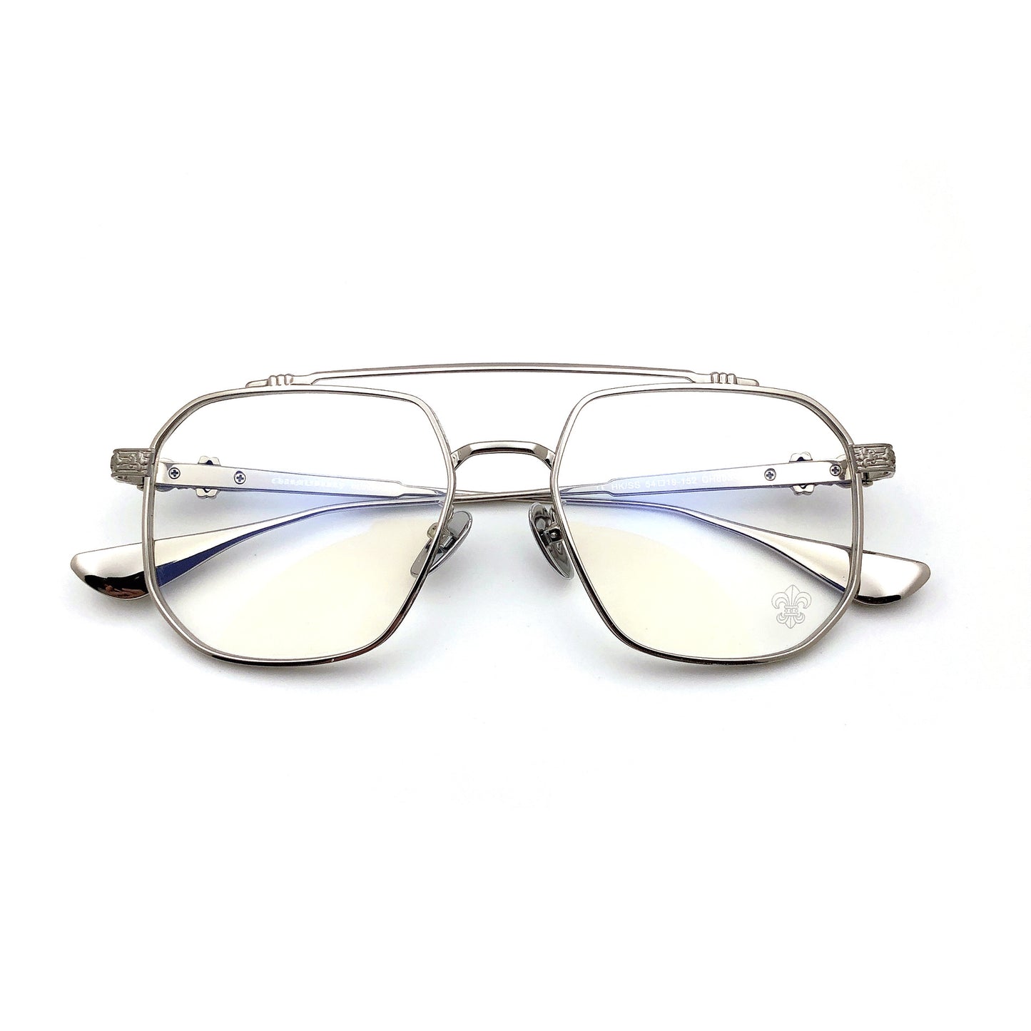 Chrome Hearts-Style Gothic Metal Aviator Glasses 54mm Double Bridge Square Frame with Fleur-de-Lis & Dagger Details CH8034