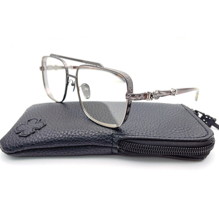 Chrome Hearts-Style Titanium Aviator Glasses 55mm Double Bridge Square Eyeglasses Vintage Full Rim Optical Frame with Fleur-de-Lis Engraving & Dagger Temples CH5401