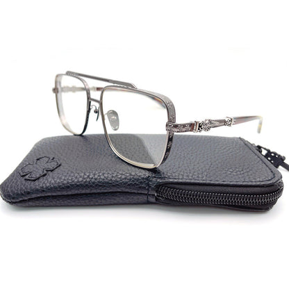 Chrome Hearts-Style Titanium Aviator Glasses 55mm Double Bridge Square Eyeglasses Vintage Full Rim Optical Frame with Fleur-de-Lis Engraving & Dagger Temples CH5401
