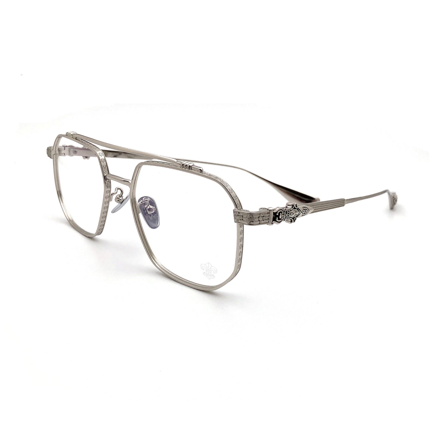 Chrome Hearts-Style Gothic Metal Aviator Glasses 54mm Double Bridge Square Frame with Fleur-de-Lis & Dagger Details CH8034
