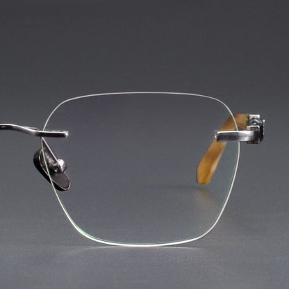 Luxury Rimless Polygon Glasses with Buffalo Horn Temples | Pure Titanium Designer Eyeglass Frame SH00118A
