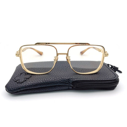 Chrome Hearts-Style Titanium Aviator Glasses 55mm Double Bridge Square Eyeglasses Vintage Full Rim Optical Frame with Fleur-de-Lis Engraving & Dagger Temples CH5401