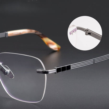 Luxury Rimless Polygon Glasses with Buffalo Horn Temples | Pure Titanium Designer Eyeglass Frame SH00118A