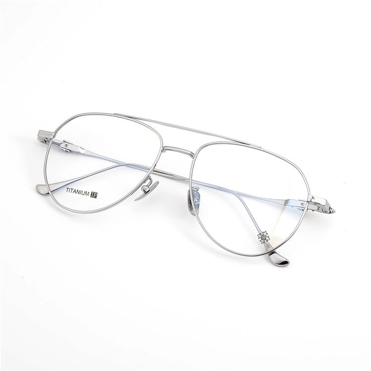 Chrome Hearts-Style Pure Titanium Aviator Glasses & Sunglasses 57mm Ultra-Light Navigator Frame with Cross Temples CH5200
