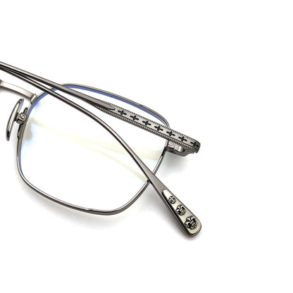 Gothic Titanium Square Glasses with Cross-Engraved Temples & Vintage Details – CH8018