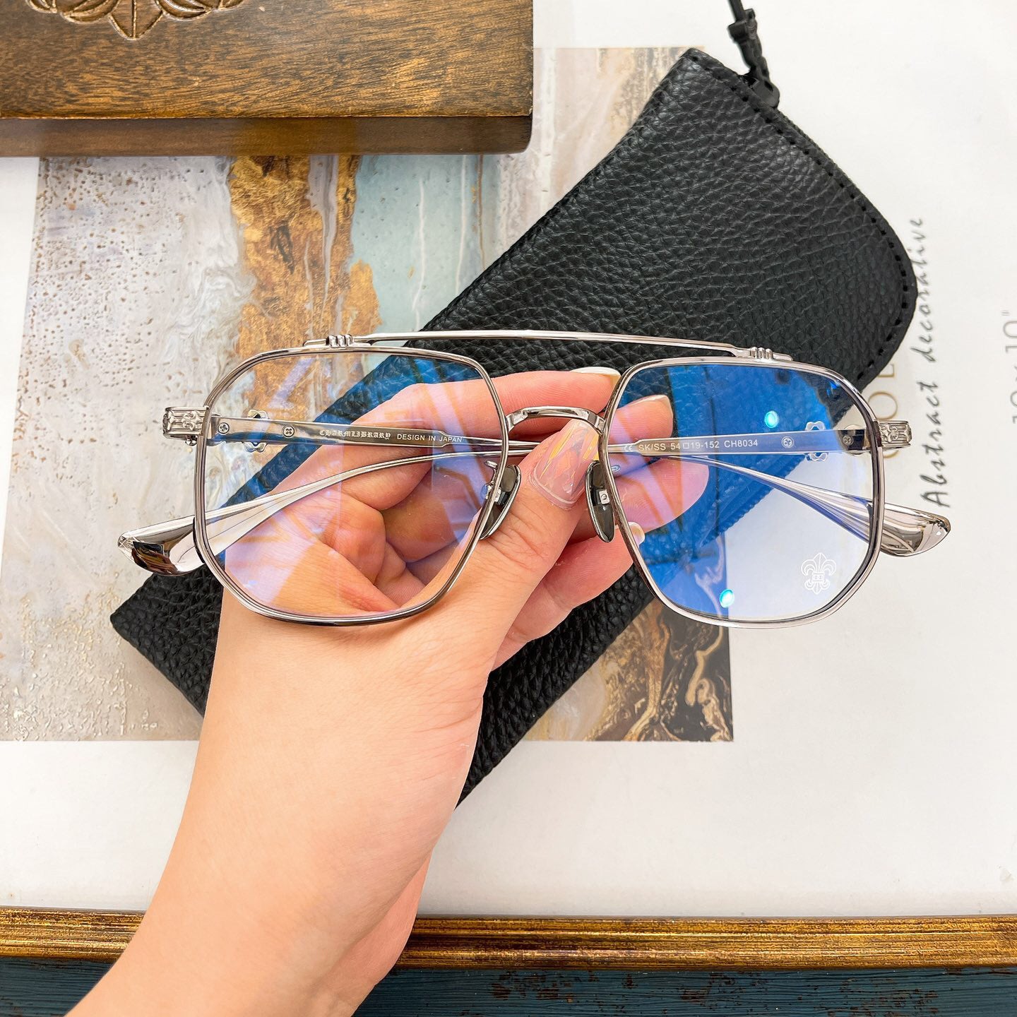 Chrome Hearts-Style Gothic Metal Aviator Glasses 54mm Double Bridge Square Frame with Fleur-de-Lis & Dagger Details CH8034