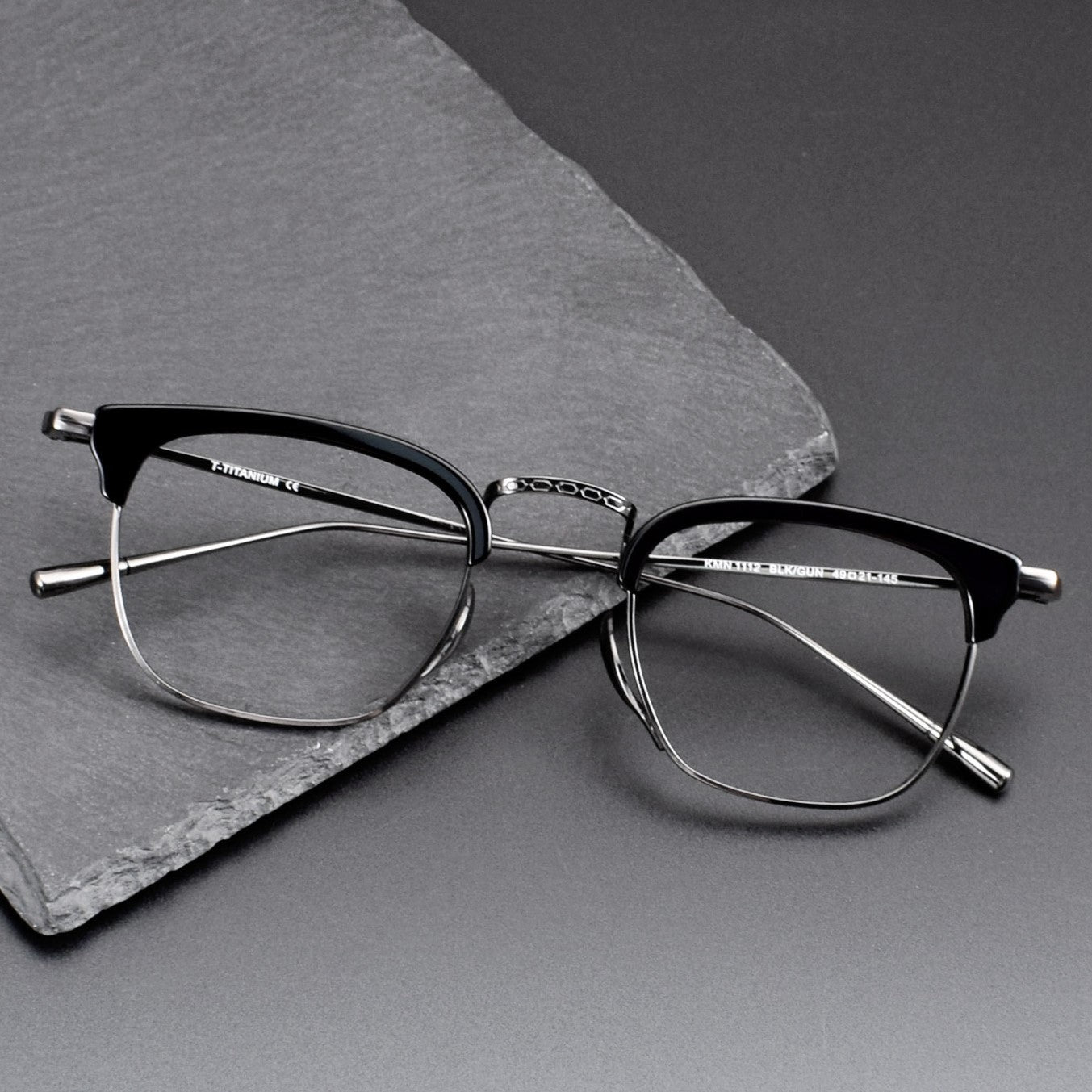 KameManNen Style KMN-1112 Browline Titanium Eyeglasses | Japanese Minimalist Pure Titanium Frame with Acetate Rim | Lightweight Square Full-Rim Glasses for High Prescription