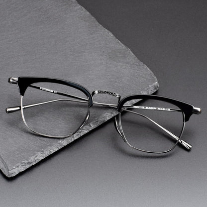 KameManNen Style KMN-1112 Browline Titanium Eyeglasses | Japanese Minimalist Pure Titanium Frame with Acetate Rim | Lightweight Square Full-Rim Glasses for High Prescription