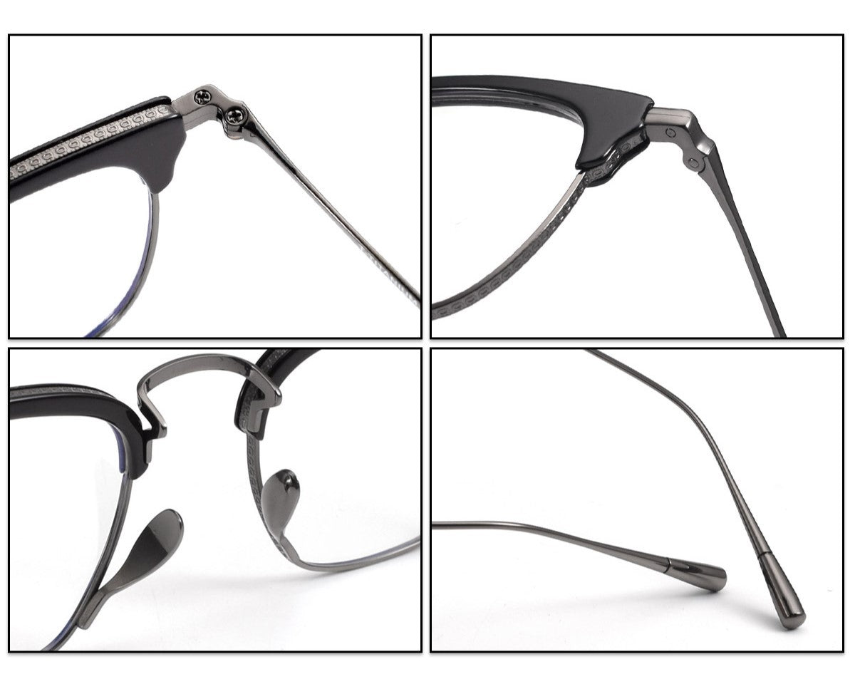 KameManNen Style KMN-1112 Browline Titanium Eyeglasses | Japanese Minimalist Pure Titanium Frame with Acetate Rim | Lightweight Square Full-Rim Glasses for High Prescription