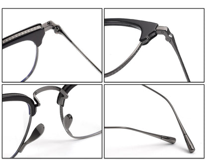 KameManNen Style KMN-1112 Browline Titanium Eyeglasses | Japanese Minimalist Pure Titanium Frame with Acetate Rim | Lightweight Square Full-Rim Glasses for High Prescription