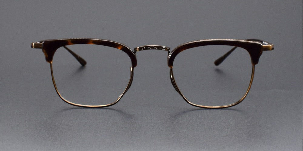 KameManNen Style KMN-1112 Browline Titanium Eyeglasses | Japanese Minimalist Pure Titanium Frame with Acetate Rim | Lightweight Square Full-Rim Glasses for High Prescription