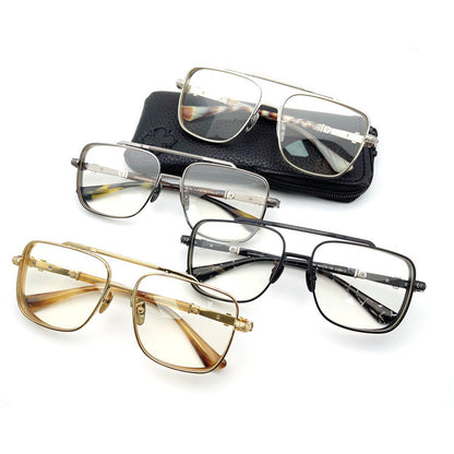 Chrome Hearts-Style Titanium Aviator Glasses 55mm Double Bridge Square Eyeglasses Vintage Full Rim Optical Frame with Fleur-de-Lis Engraving & Dagger Temples CH5401