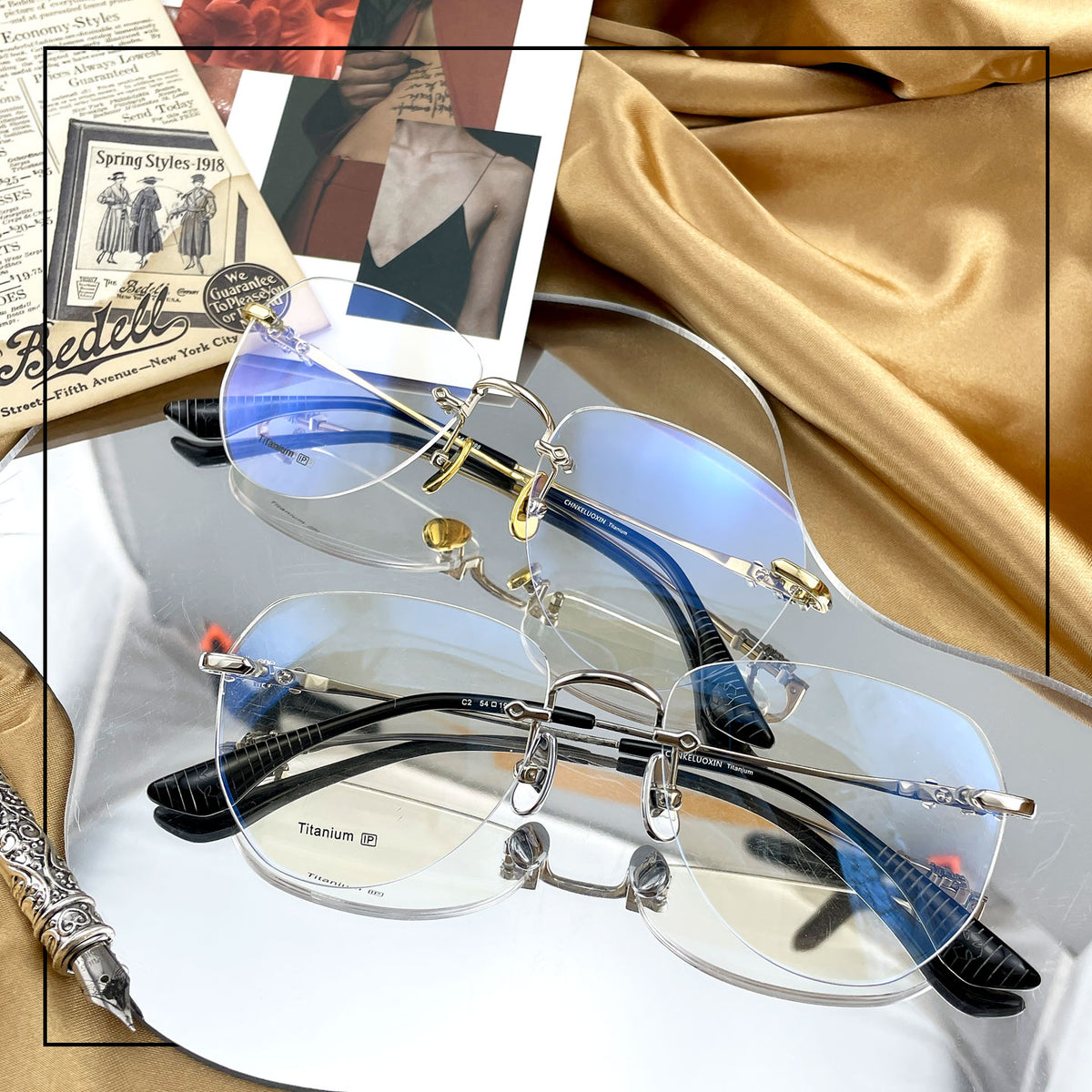 Gothic Vintage Rimless Titanium Glasses with Holy Dagger Detail &amp; 54mm Lenses — EO-698