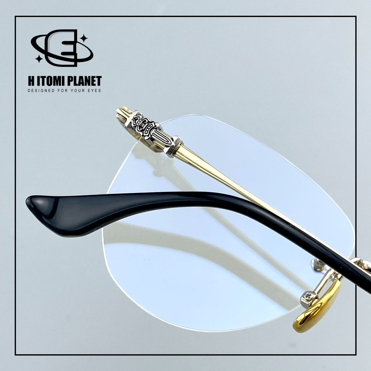 Gothic Vintage Rimless Titanium Glasses with Holy Dagger Detail &amp; 54mm Lenses — EO-698
