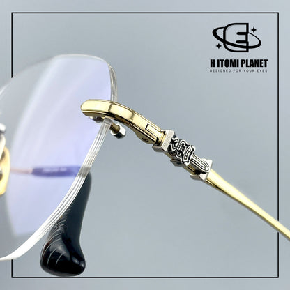 Gothic Vintage Rimless Titanium Glasses with Holy Dagger Detail &amp; 54mm Lenses — EO-698