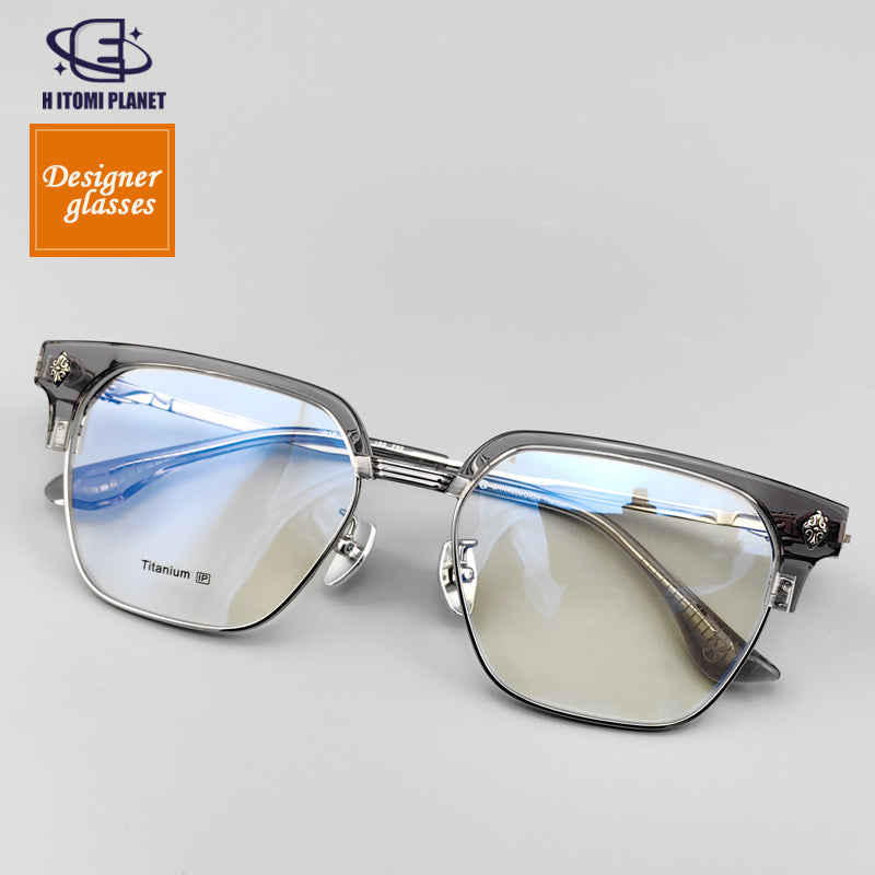 Transparent gray plate pure titanium Browline glasses frame EO-732