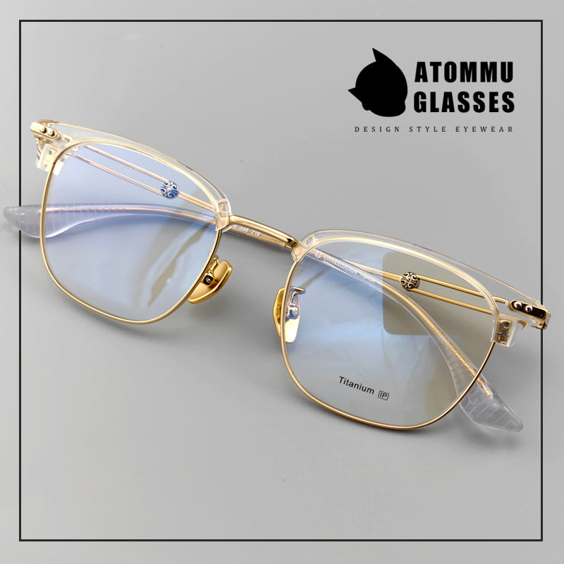 Stylish Titanium Browline Eyeglasses: Unique Hollow Temple Arms & Logo Detailing - EO-719