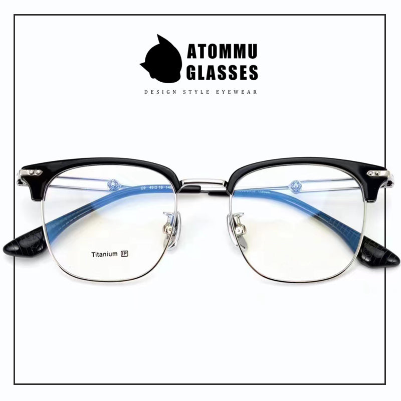 Stylish Titanium Browline Eyeglasses: Unique Hollow Temple Arms & Logo Detailing - EO-719