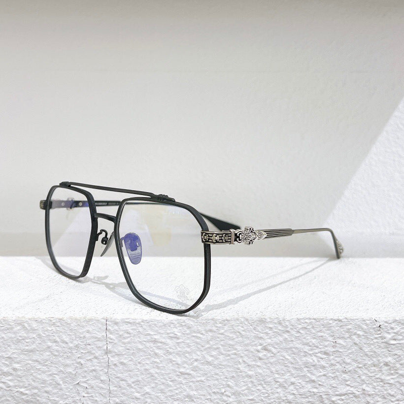 Chrome Hearts-Style Gothic Metal Aviator Glasses 54mm Double Bridge Square Frame with Fleur-de-Lis & Dagger Details CH8034