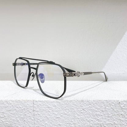 Chrome Hearts-Style Gothic Metal Aviator Glasses 54mm Double Bridge Square Frame with Fleur-de-Lis & Dagger Details CH8034