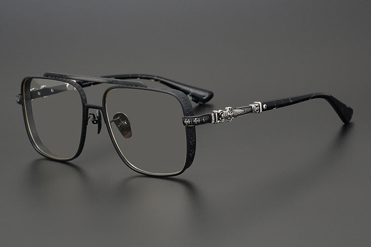 Chrome Hearts-Style Titanium Aviator Glasses 55mm Double Bridge Square Eyeglasses Vintage Full Rim Optical Frame with Fleur-de-Lis Engraving & Dagger Temples CH5401