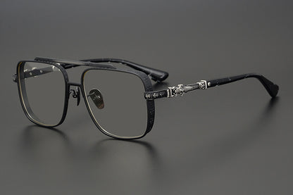 Chrome Hearts-Style Titanium Aviator Glasses 55mm Double Bridge Square Eyeglasses Vintage Full Rim Optical Frame with Fleur-de-Lis Engraving & Dagger Temples CH5401
