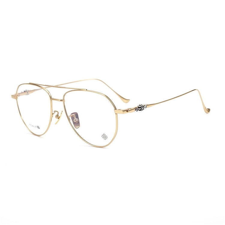 Chrome Hearts-Style Pure Titanium Aviator Glasses & Sunglasses 57mm Ultra-Light Navigator Frame with Cross Temples CH5200
