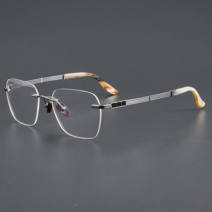 Luxury Rimless Polygon Glasses with Buffalo Horn Temples | Pure Titanium Designer Eyeglass Frame SH00118A